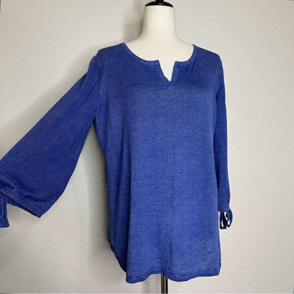 Talbots 100% Linen Split Crewneck Sleeves Tie Sweater - Picture 3 of 13